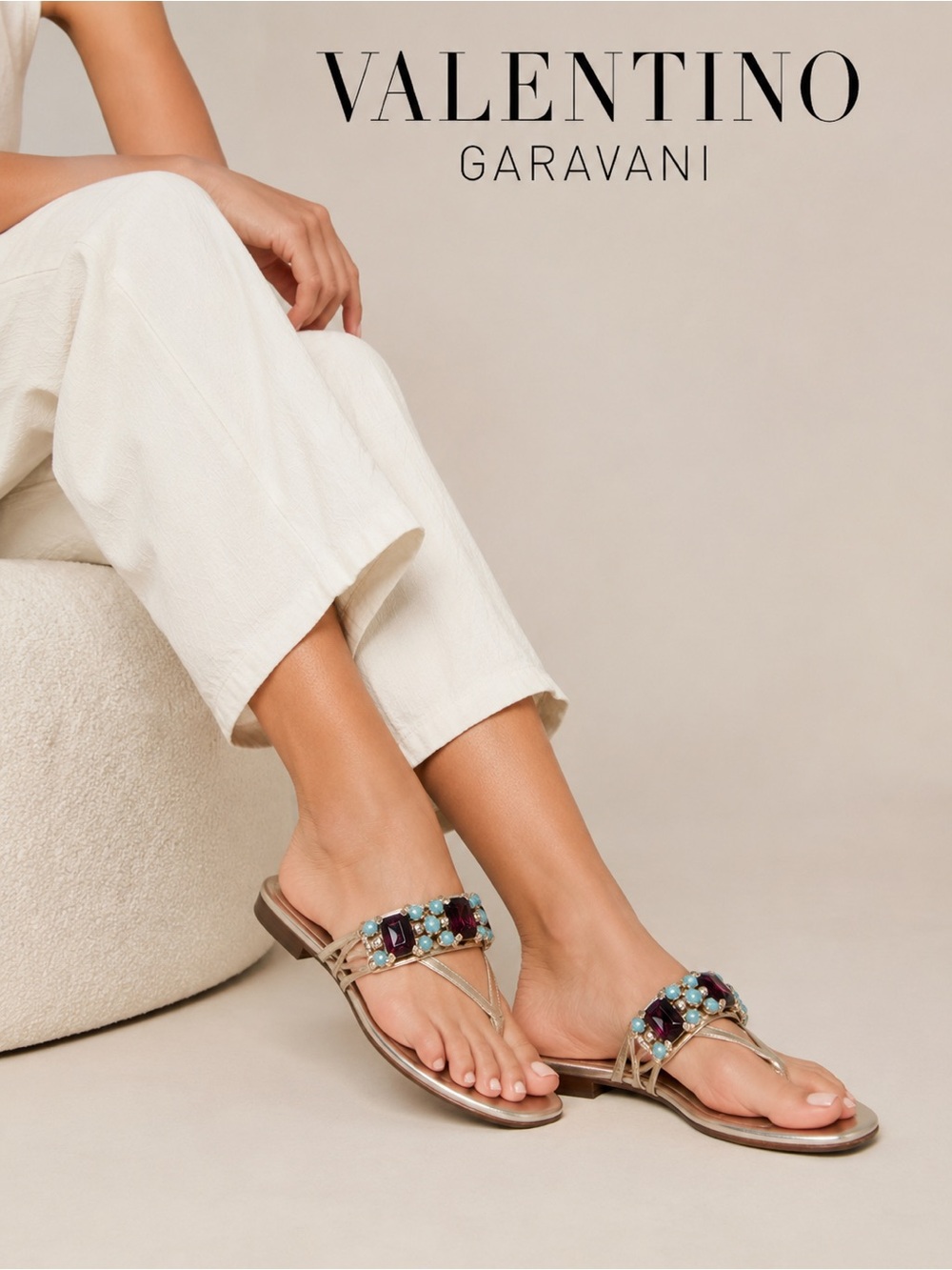 VALENTINO GARAVANI Jeweled Metallic Gold Leather Flip Flop Sandals